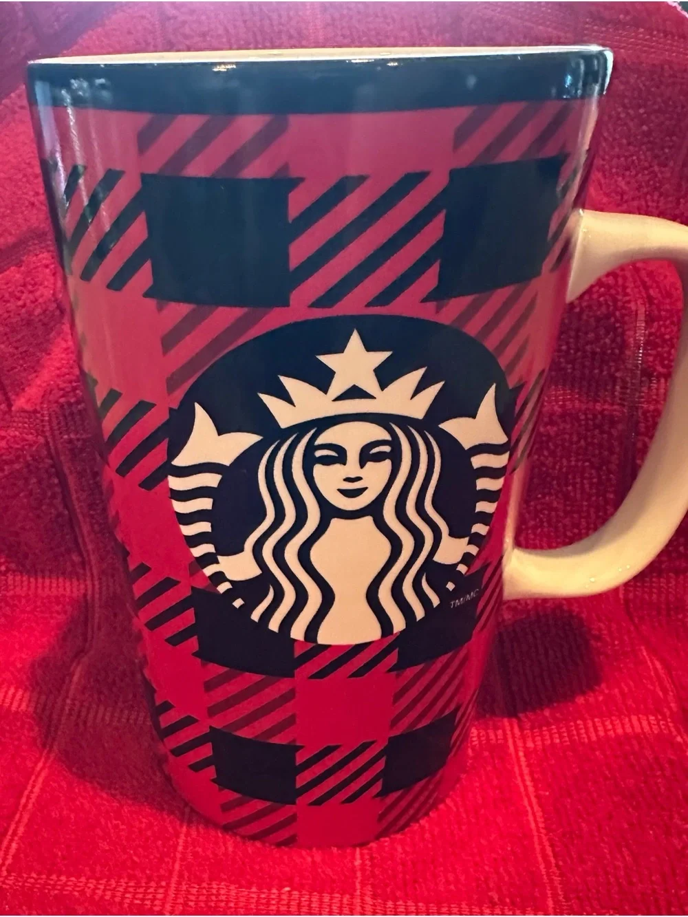 Starbucks Red and Black Plaid Tall Ceramic Mug